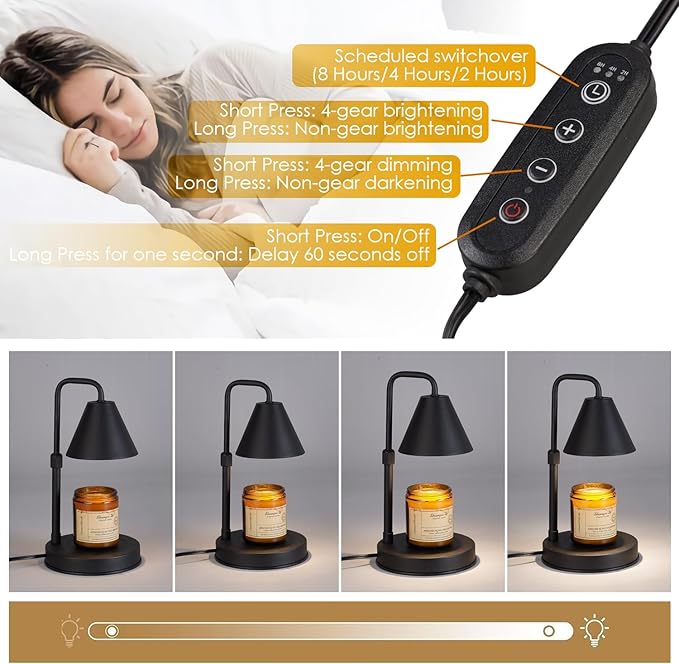 Candle Warmer Lamp with Timer,Adjustable Height Dimmable Candle Lamp,Electric Candle Warmer Lamp with 2 Bulbs,Candle Wax Warmer Compatible with Large Jar Candles,Gifts for Mom,Black
