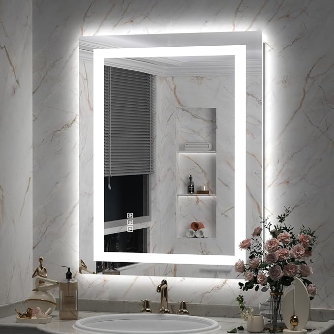 LED Mirror for Bathroom, 24x36 Inch Backlit + Front Lighted Bathroom Vanity Mirror with Lights for Wall, Double Light Strips, 3 Colors, Shatter-Proof, Anti-Fog and Brightness Memory
