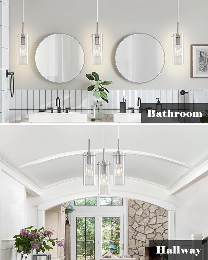 Glass Pendant Lights Kitchen Island 2 Packs, Brushed Nickel Pendant Light, Modern Clear Glass Pendant Light Fixture, Hanging Pendant Lights for Kitchen Island Dining Room Hallway