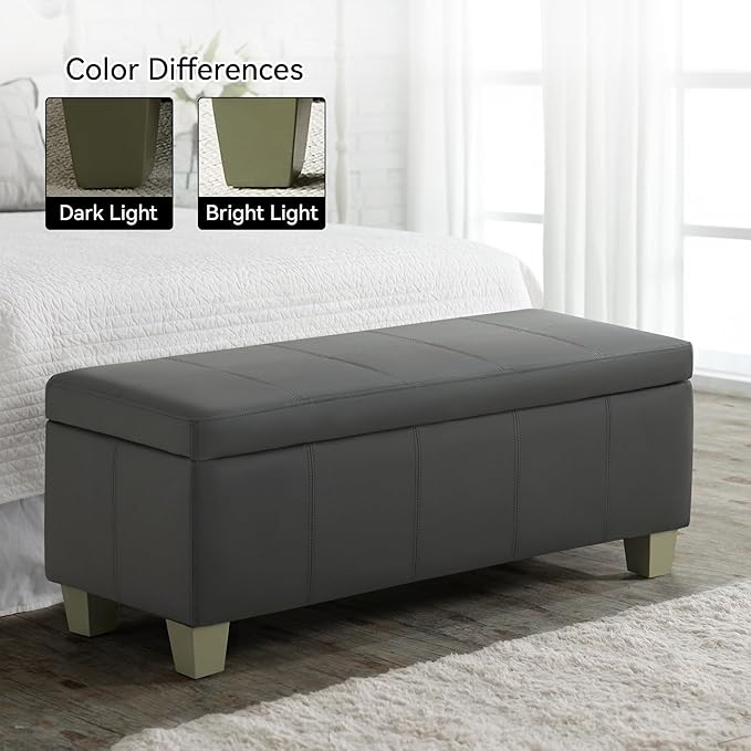 41" Faux Leather Storage Ottoman, Stitch Tufted Rectangle Upholstered End of Bed Storage Bench, Entryway Large Couch Ottoman with Wooden Legs,Dark Grey