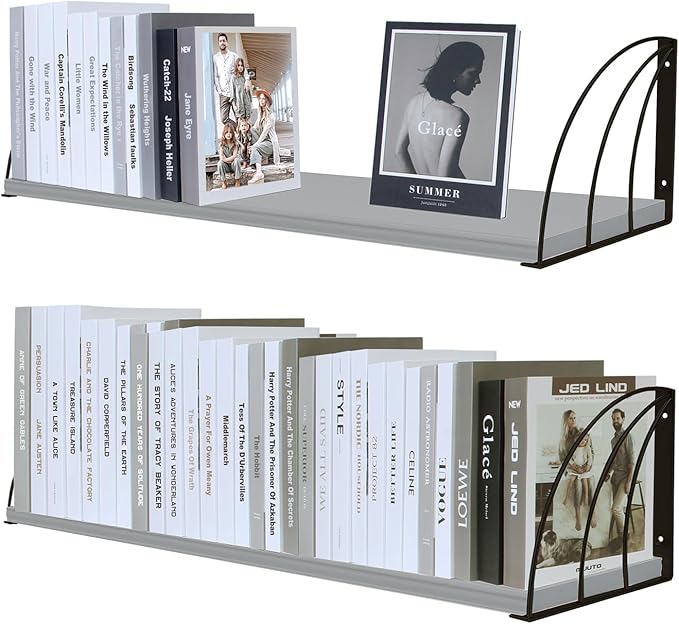 Pine Wood 23.57.87 Inch Floating Bookshelf - Elegant Grey Shelves, Wall Mounted - Set of 2