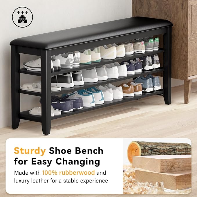 Shoe Bench Storage Rubberwood with Leather Cushion for Entryway Bench Ideal for Hallways Shoe Rack Front Doors Entrances Mudrooms Featuring 3 Height-Adjustable and Removable Shelves