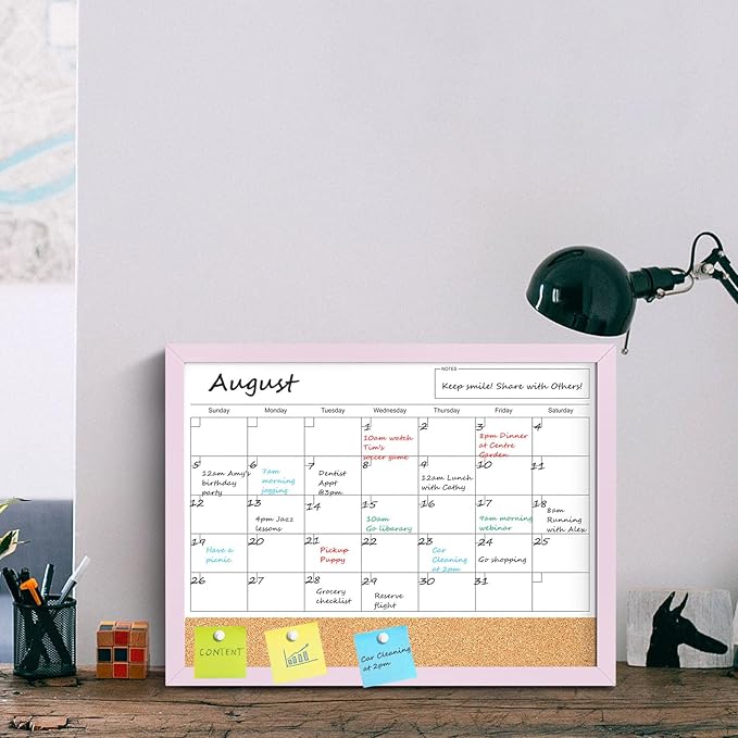 Dry Erase Calendar Cork Board Combo, 17x13 Inches Calendar Whiteboard for Wall, Small Magnetic White Board with Pink Wood Framed, Dry Erase Board for Planner Office Kitchen Home Memo