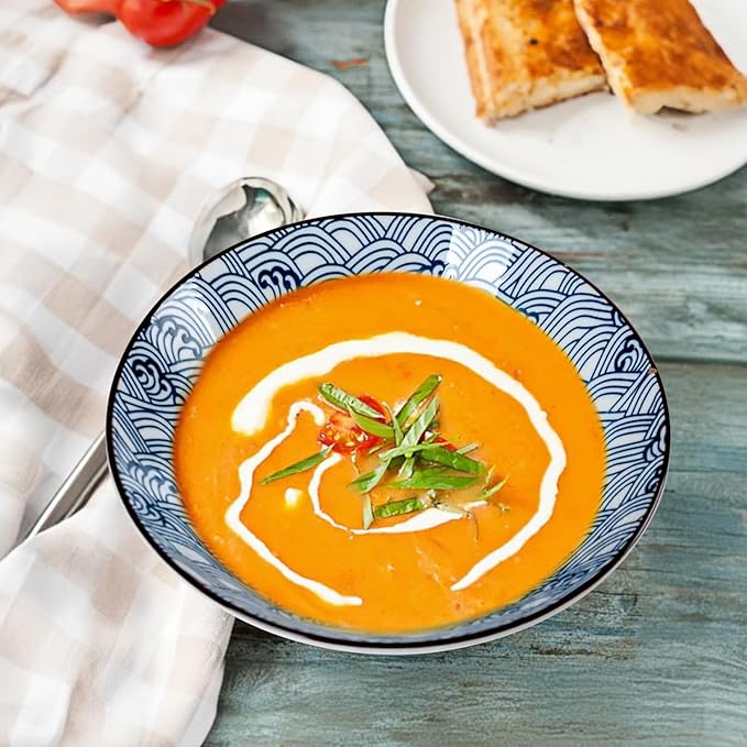 38 oz Japanese Ramen Bowl Set of 6 - Large 8 Inch Ceramic Soup Bowls, Blue and White Japanese Noodle Bowls for Pho, Ramen, and Salad - Wave Patterns