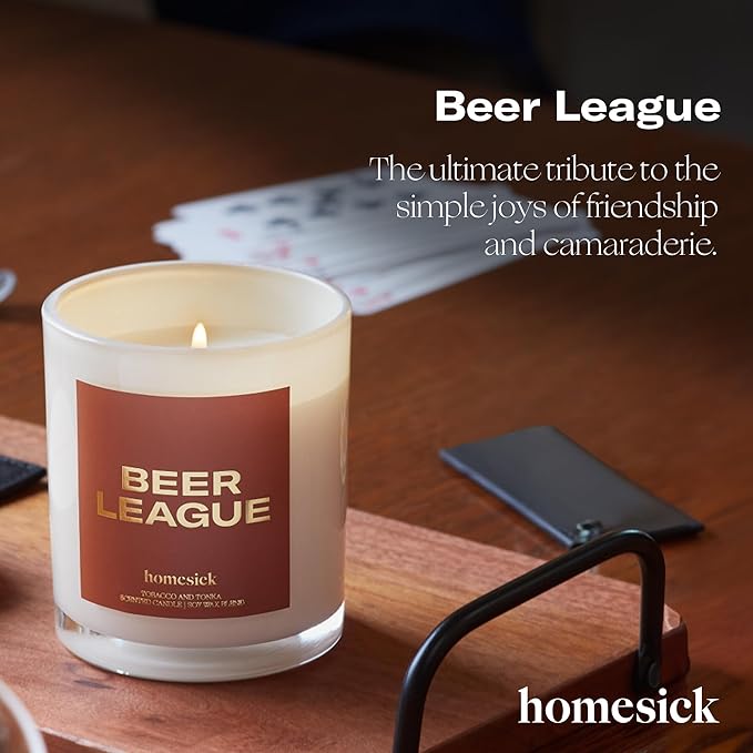 Homesick Scented Candles for Home (Beer League) - 7.5 oz Long-Lasting Natural Soy Wax Blend Jar Candle Gift for Women & Men for All Occasions, 30-35 Hours Burn Time - Notes of Tobacco & Tonka