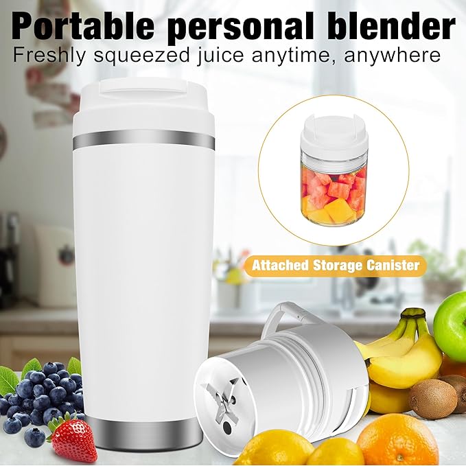 Portable Personal Blender 24oz Vacuum Cup Cordless Blender for 120 Watt Rechargeable Personal Size blender With Stainless Steel Bottle Ideal For-Shakes and Smoothies, BPA Free (White）