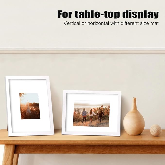 KINLINK 11x14 Picture Frame White, Solid Wood Frames with Acrylic Plexiglass for Pictures 5x7/8x10 with Mat or 11x14 without Mat, Tabletop and Wall Display, Set of 4