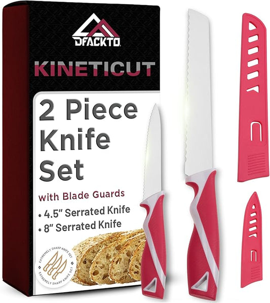 2-Piece Serrated Knife Set – Stainless Steel Kitchen Cooking Knives w/Protective Covers, Dishwasher Safe, No Block, Sharp Cutlery for Slicing Bread, Cooking Fruit & Steak w/Sheath - Magenta