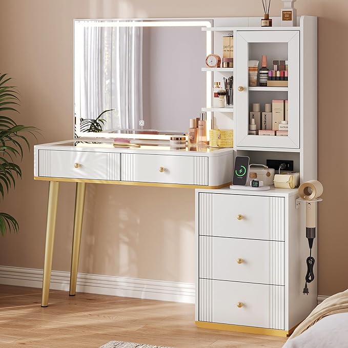 LINSY Vanity with Glass Top, White Makeup Vanity with Mirror and Lights, Large Vanity Desk with Storage, Drawers, Cabinet and Outlet, Modern Fluted Vanity Table for Bedroom, Women, Girls