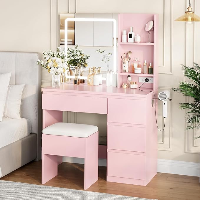 Vanity Desk with Mirror and LED Light, Vanity Desk with 4 Drawers, Power Outlet, Storage Stool, Storage Shelves & Hair Dryer Holder, Adjustable 3 Lighting Mode, Makeup Vanity Set for Bedroom, Pink