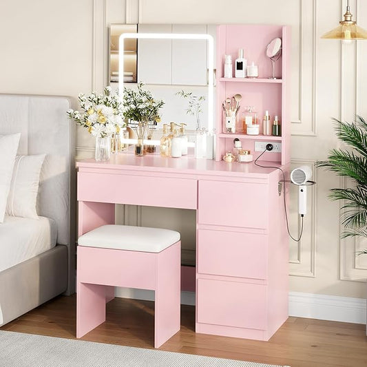 Vanity Desk with Mirror and LED Light, Vanity Desk with 4 Drawers, Power Outlet, Storage Stool, Storage Shelves & Hair Dryer Holder, Adjustable 3 Lighting Mode, Makeup Vanity Set for Bedroom, Pink