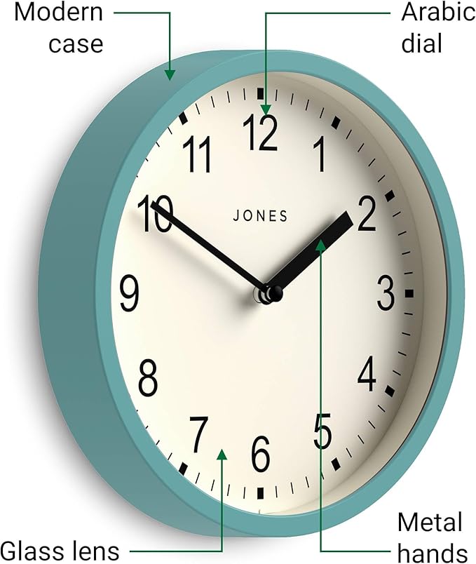 JONES CLOCKS® Spin Wall Clock | Small Modern Round Clock | 8inch | Teal Blue | Easy to Read Numbers | Ideal for Kitchen, Office, Children’s Room or Any Small Space