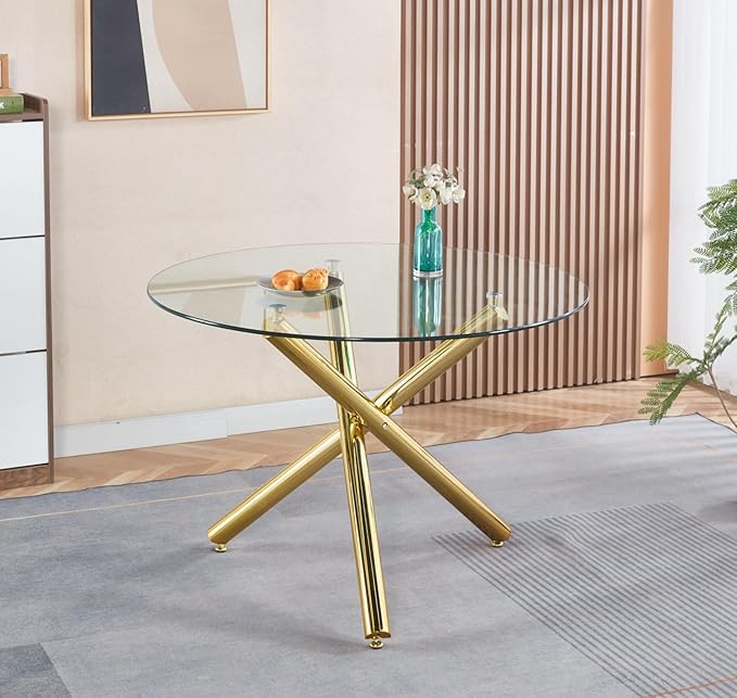 Round Glass Dining Table,Glass Dining Room Table with Tempered Glass Tabletop and Metal Legs, Modern Style Glass Kitchen Table for Home, Kitchen, Dining Room
