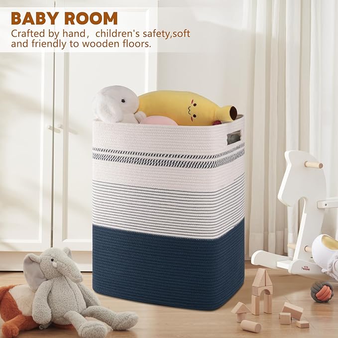 Laundry Hamper, Large Woven Rope Tall Laundry Basket with Handles, 22" X 17" X 13", Decorative Storage Basket for Clothes and Blankets in Living room, Bedroom, Dark Blue& White