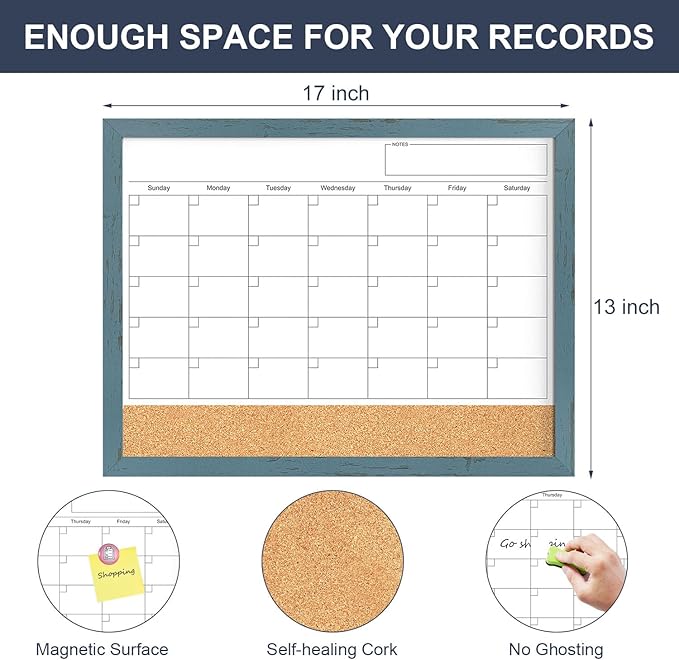 Whiteboard Calendar & Corkboard for Wall, 17x13 Inches Dry Erase Monthly Calendar with Wood Framed, Magnetic White Board Cork Board Combo, Bulletin Board for Home Office Kitchen Memo Planner