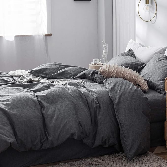 MooMee Bedding Duvet Cover Set 100% Washed Cotton Linen Like Textured Breathable Durable Soft Comfy (Heathered Dark Grey, Twin 68"x90")
