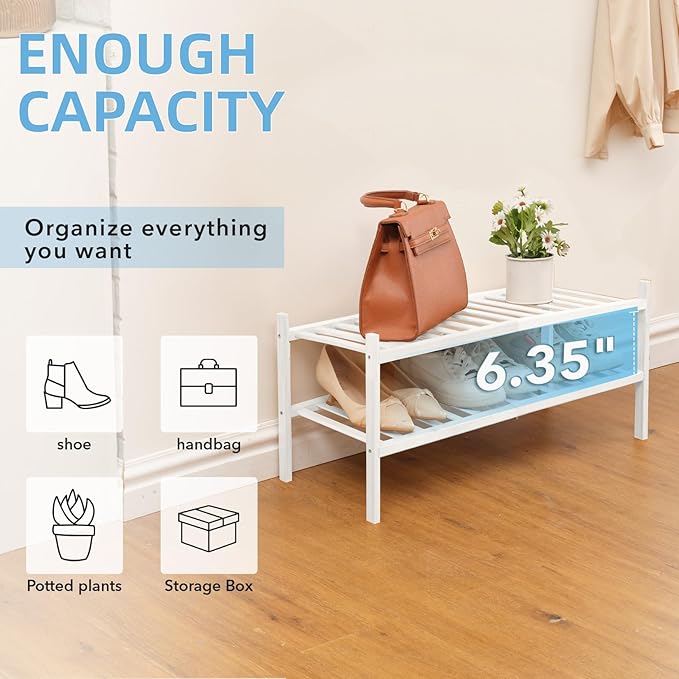 2 Tier Bamboo Shoe Rack Storage Organizer for Closet, Multifunctional Stackable Free Standing Shoe Shelf Organizer for Small Space,Entryway, Hallway, Bathroom27 x11 x13 (White, 2 Tier)