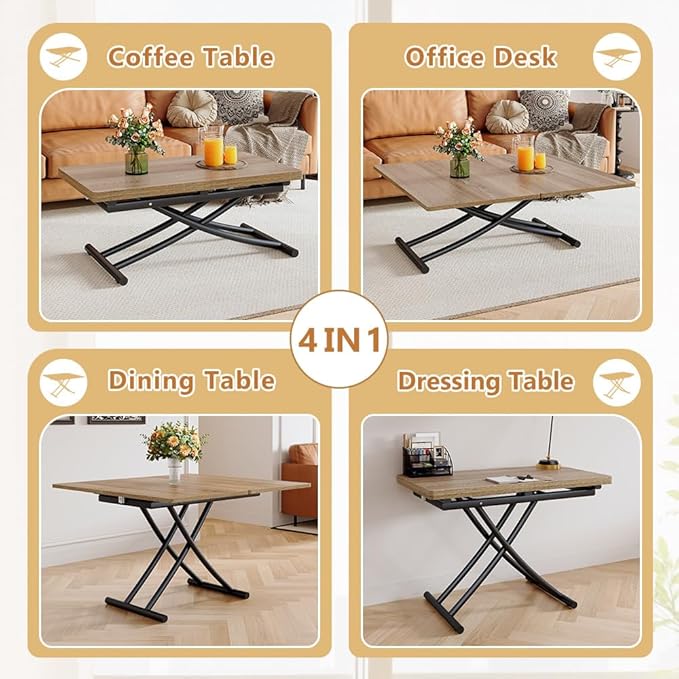 4 in 1 Folding Dining Table with Adjustable Lift Top & Wheels, Multi-Function Coffee Table to Dining Table for Apartments, Kitchens, Living Rooms, Scratch-Resistant & Easy Assembly