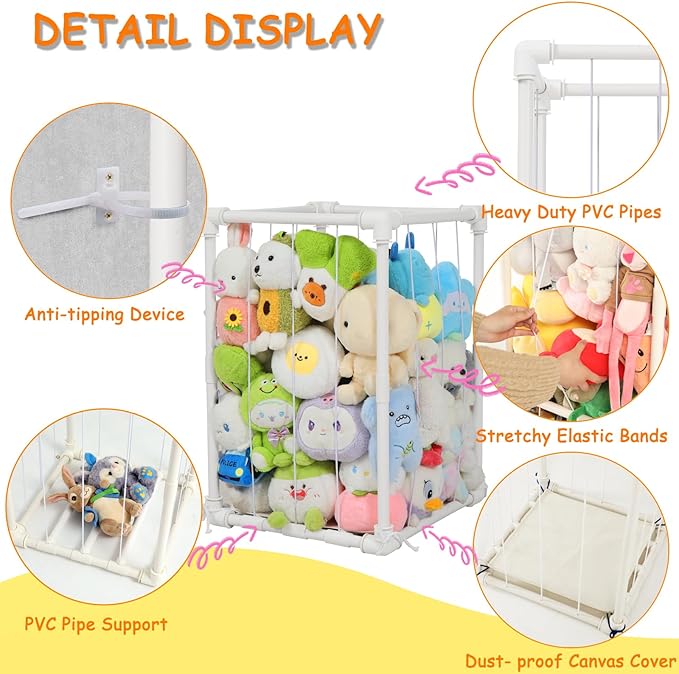 Stuffed Animal Storage Zoo Holder, PVC Stuffy Toy Organizer, 30'' Vertical Plush Organizer, Stuffed Animals Cage for Nursery and Playroom