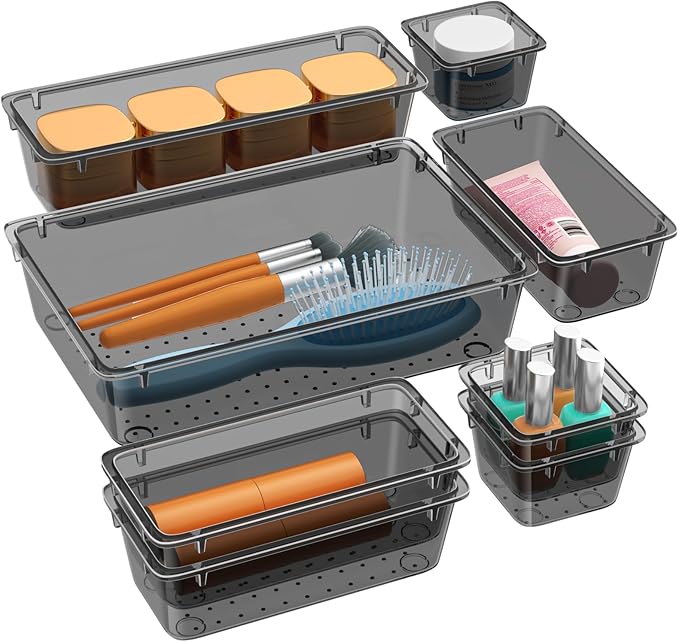 WOWBOX 8 PCS Clear Plastic Drawer Organizer Set, 4 Sizes Desk Drawer Organization and Storage Containers for Makeup, Cosmetics, Jewelry and Gadgets in Kitchen, Bathroom, Bedroom, Office, Clear Black
