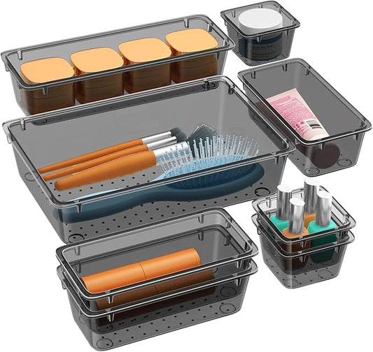 WOWBOX 8 PCS Clear Plastic Drawer Organizer Set, 4 Sizes Desk Drawer Organization and Storage Containers for Makeup, Cosmetics, Jewelry and Gadgets in Kitchen, Bathroom, Bedroom, Office, Clear Black
