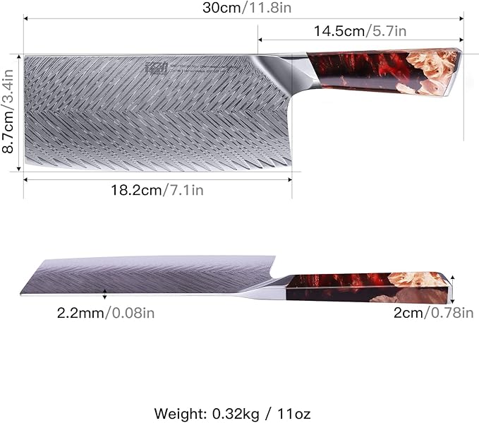 FINDKING Nebula Series Cleaver Knife, Multipurpose Chinese Chef Knife, 10Cr15CoMov Damascus Steel Blade, Resin and Figured Sycamore Handle, Full Tang, 7 Inch, Red, for Meat, Vegetable Shredding