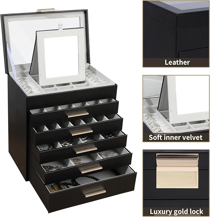 BOOVO Jewelry Box for Women, Black 6 Layer Large Jewelry Organizer with Glass Lid for Necklace, Bracelet, Earrings, Rings Storage, Jewelry Organizers and Storage for Girls Gift (Clear Black, 6 layer)