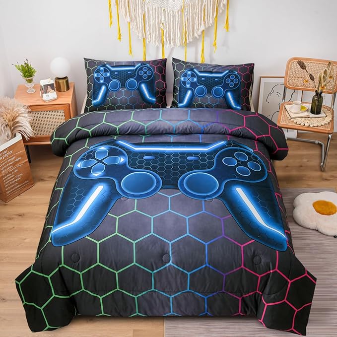 NTBED Game Console Comforter Set for Boys Girls Kids Geometric Gaming Lightweight Microfiber Gamer Bedding Sets (Multi, Full 5Pcs)