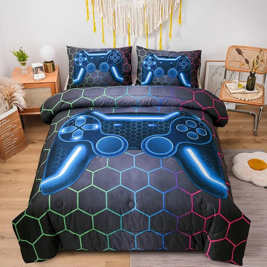 NTBED Game Console Comforter Set for Boys Girls Kids Geometric Gaming Lightweight Microfiber Gamer Bedding Sets (Multi, Full 5Pcs)