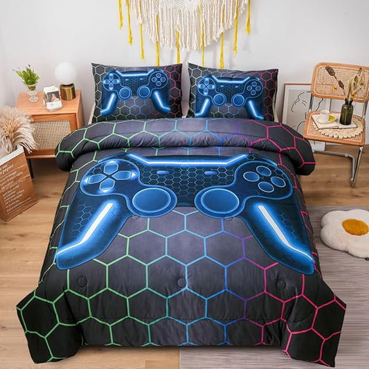 NTBED Game Console Comforter Set for Boys Girls Kids 3D Gaming Geometric Lightweight Microfiber Bedding Sets (Multi, Full)
