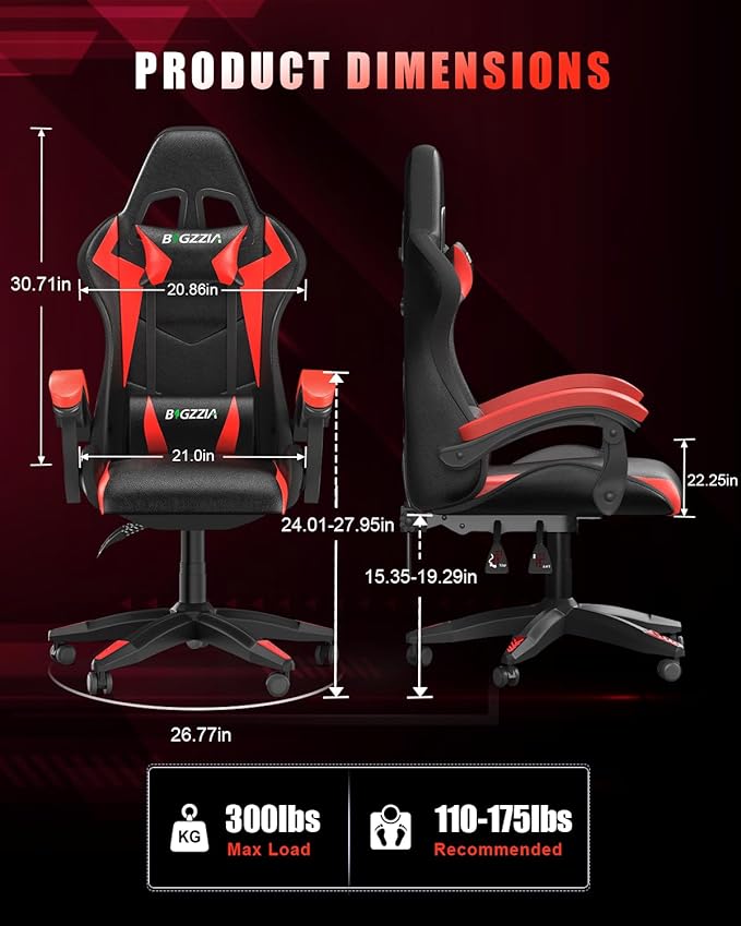 Bigzzia Gaming Chair with RGB LED Lights, High Back Ergonomic Computer Gamer Chair with Headrest and Lumbar Support, Racing Style Reclining Game Chair for Adults, Kids(Black/Red)