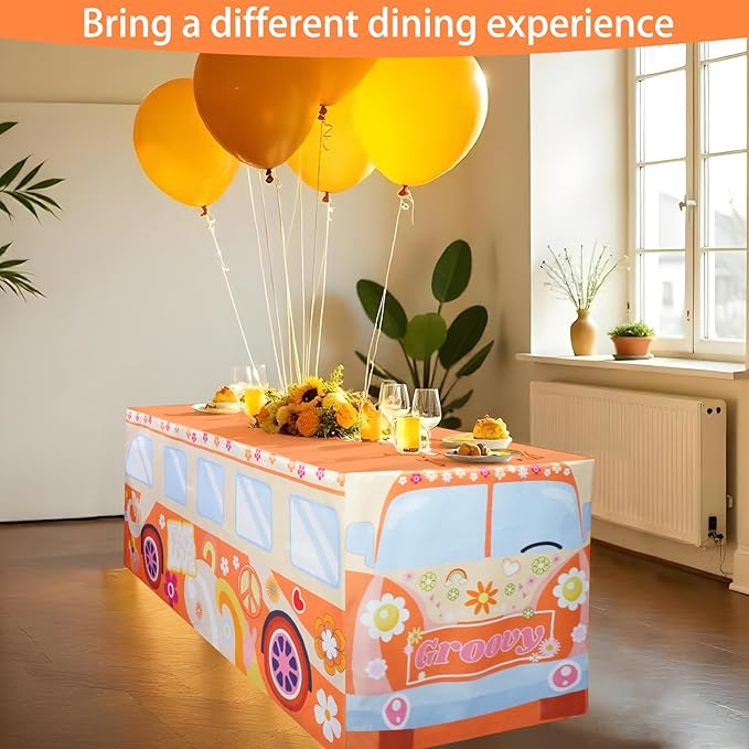 6Ft Groovy Bus Tablecloth,Hippie Birthday Party Decorations for 60s 70s Boho Themed Birthday,Baby Shower,Carnival Party Decorations