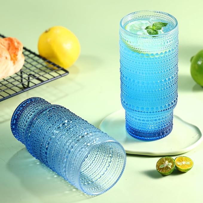 6pcs Hobnail Drinking Glasses Set, 16 oz Vintage Glassware Drinking Glasses, Gradual Blue Water Glasses Tumbler, Cups for Kitchen, Juice, Beer, Cocktail, Whiskey