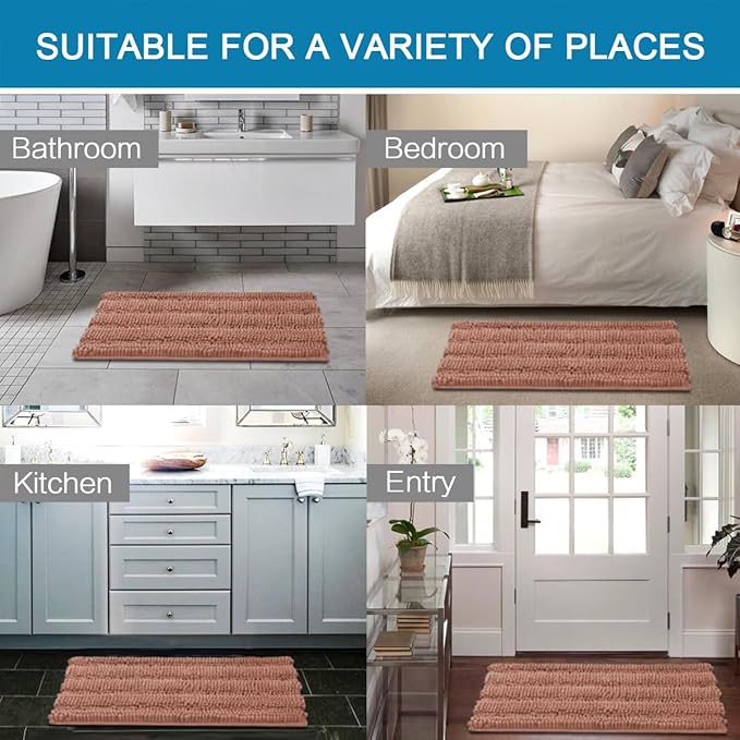 H.VERSAILTEX Bath Rugs for Bathroom Non Slip Bath Mats Extra Thick Chenille Striped Rug 20" x 32" Absorbent Non Skid Fluffy Soft Shaggy Washable Dry Fast Plush Mat for Indoor, Bath Room - Muted Clay