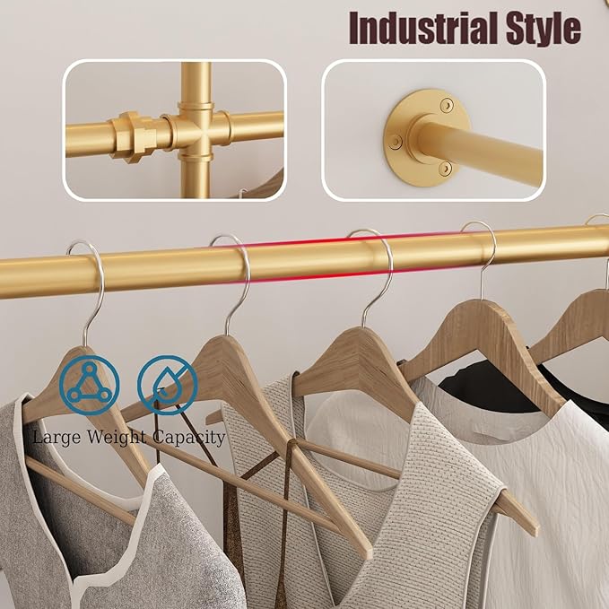 Gold Pipe Clothing Rack Wall Mounted, Industrial Pipe Clothes Racks with 6 Hanging Rods, Heavy Duty Clothing Racks for Laundry Room, Closet Systems for Walk in Closets