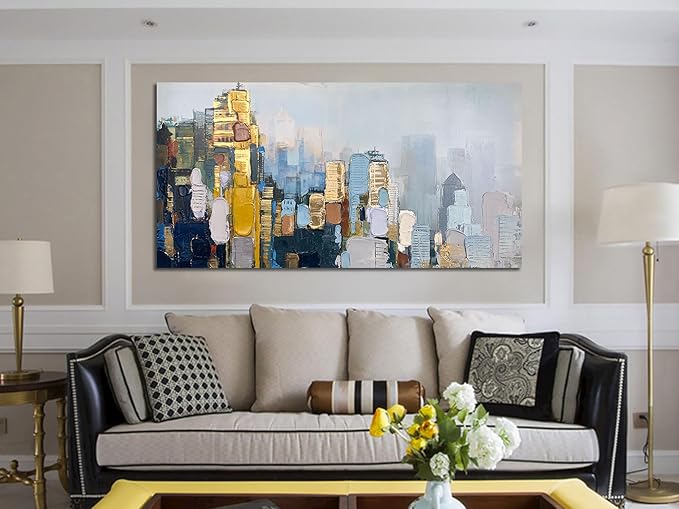 Arjun Abstract Wall Art 3D Textured Skyline Canvas Painting Gold Grey Colorful Modern Cityscape Metropolitan Picture Artwork Framed Extra Large for Living Room Bedroom Home Office Wall Decor, 58"x29"
