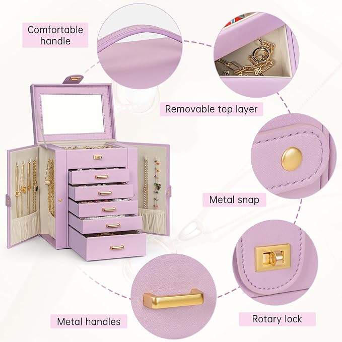 AKOZLIN Jewelry Box Organizer Functional Leather Jewelry Storage Case for Women Girls Ring Necklace Earring Bracelet Holder Organizer with Mirror