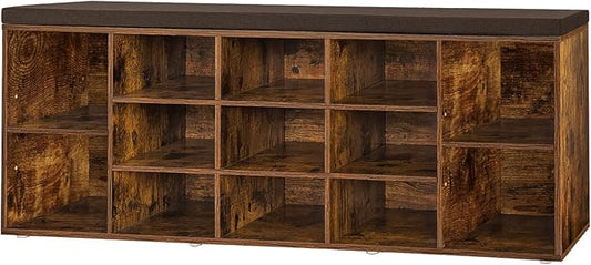 DINZI LVJ Shoe Storage Bench with Cushion, 13-Cubby Shoe Rack, Adjustable Shelves, Multifunctional Shoe Organizer Bench for Entryway, Mudroom, Hallway, Living Room, Bedroom and Garage, Rustic Brown