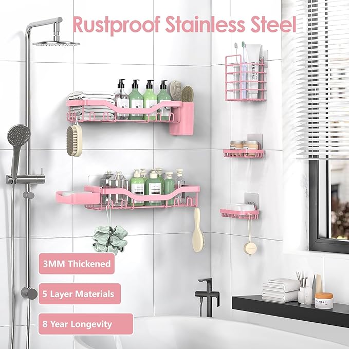 Shower Caddy Adhesive Shower Organizer 7-Pack, Rustproof Stainless Steel Bathroom Shelves, Large Capacity No-Drill Rack Storage Accessories with Soap Dish Toothbrush Holder Hooks (Pink)