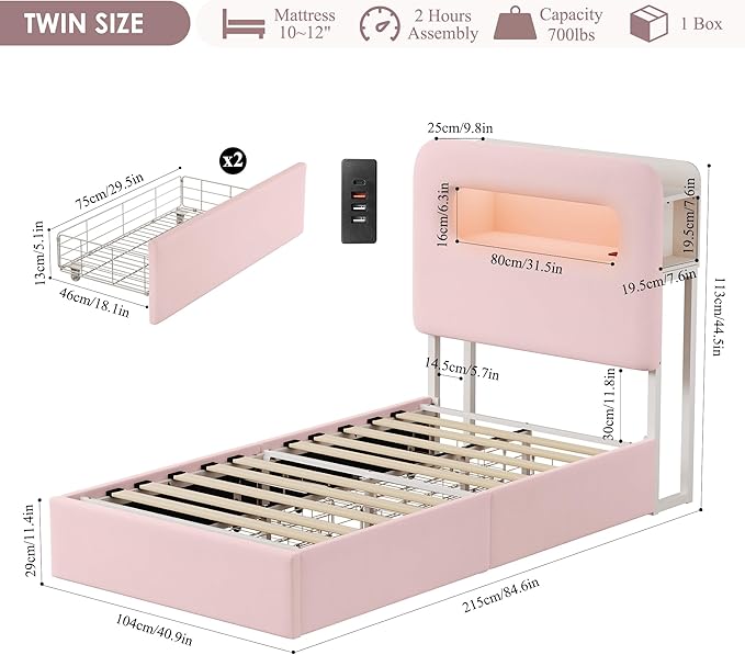 HOSTACK Twin LED Bed Frame with Storage Headboard and Charging Station, Girls Bed Frame with 2 Drawers and USB Ports, Velvet Upholstered Platform Bed Frame with Bookcase, No Box Spring Needed, Pink
