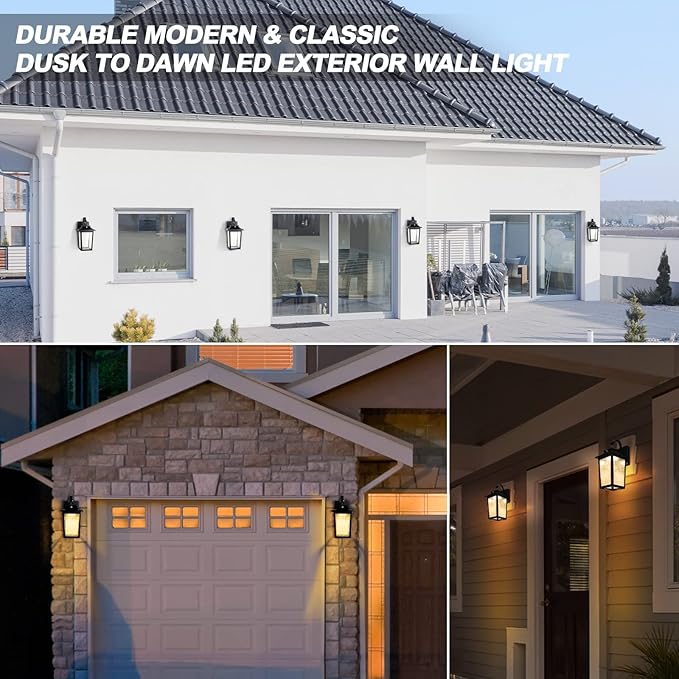 LED Dusk to Dawn Outdoor Lighting - 2 Packs Outdoor Wall Lights for House, 13W 3000K LED Outside Porch Lantern, Black Exterior Wall Sconce for Garage Doorway Garden, 100% Waterproof Anti-Rust
