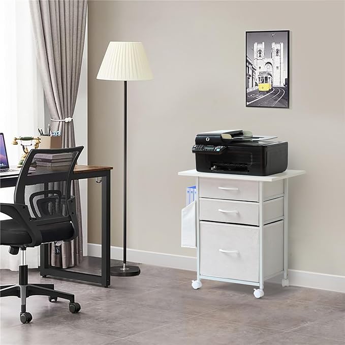 Printer Stand with 3 Fabric Drawer, Mobile File Cabinet for Home Office with Storage Bag, Rolling Under Desk Organizer Shelf, Fits A4 or Letter Size, Complete Top Plate Fast Assembly (White)