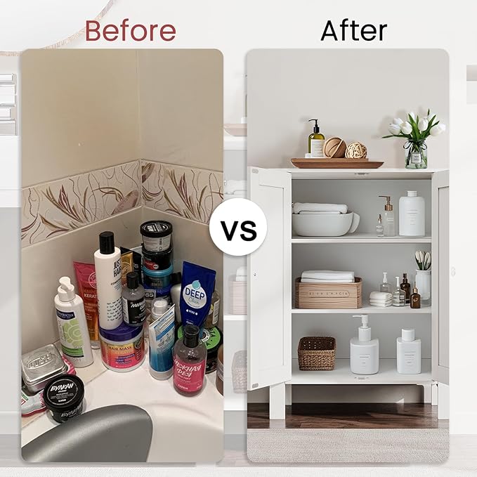 Bathroom Cabinet, Modern Bathroom Floor Storage Cabinet, Freestanding Organizer with Adjustable Shelves & Double Doors, 3-Tier Home Living Room Furniture