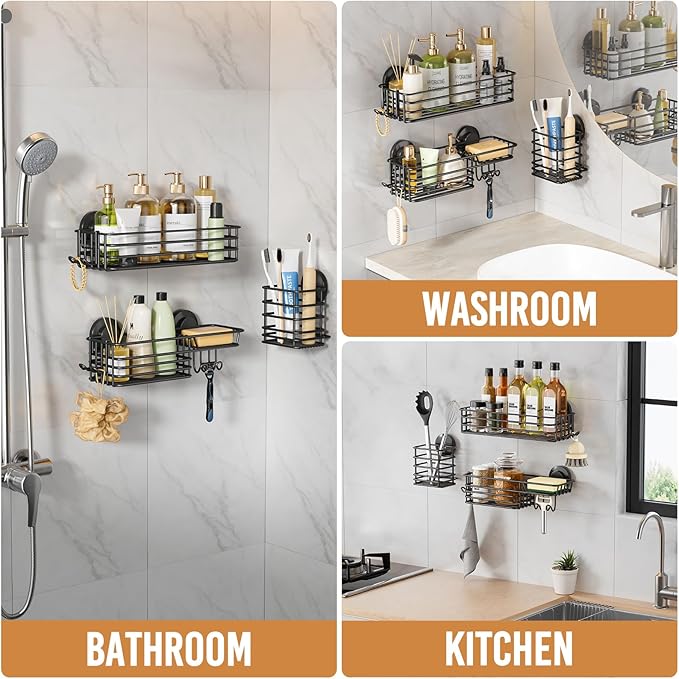 LEVERLOC Shower Caddy Suction Cup, 3 Pack Heavy Duty Bathroom Organizer for Inside Shower with Hooks & Soap Holder, Removable Bathroom Organizer, Rustproof Black Holder Storage