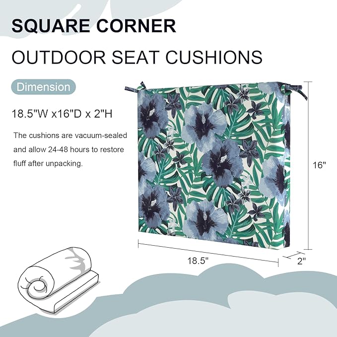 Set of 2 Outdoor Square Chair Cushions 18.5"x16"x2" for Patio, Water Resistant Patio Dining Seat Pads Replacement for Kitchen Garden and Outdoor Furniture Decoration - Blue Salmone Tropical