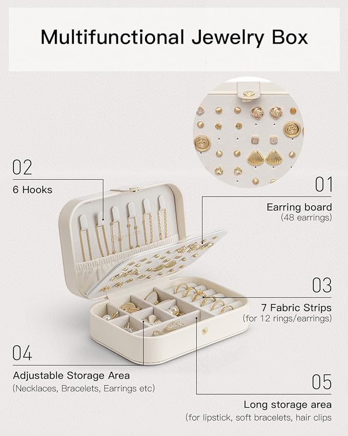 Vlando Travel Jewelry Case for Women Girls Mothers, PU Leather Small Mini Jewelry Box for Rings, Necklaces, Bracelets, Earring Holder Organizer Storage for Travel Accessories, Bridesmaid Gifts - Beige