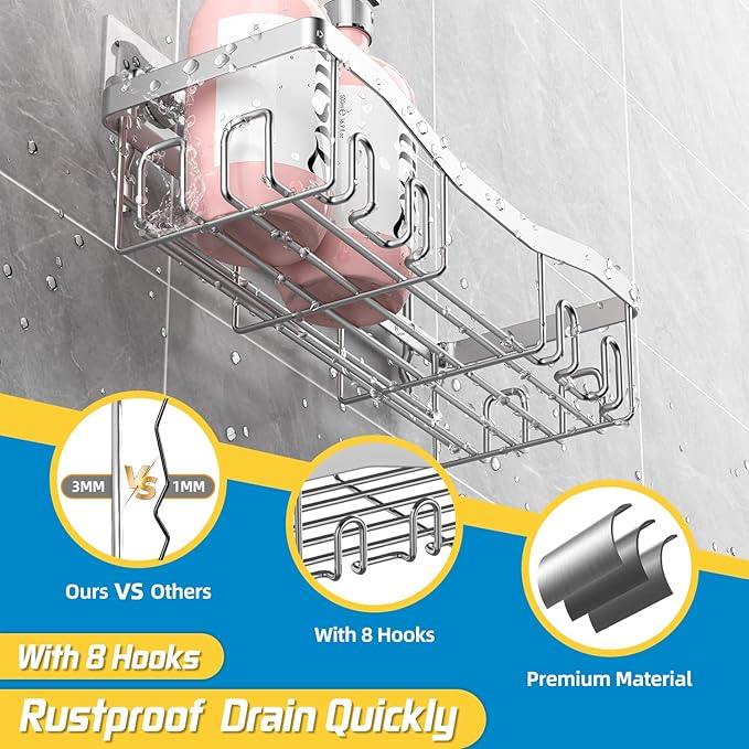 Adhesive Shower Caddy, No Drilling Bath Organizers 5 Pack, Rustproof Shelves with Soap Holder & Toothbrush Holder, Bathroom Organizers and Storage, Silver