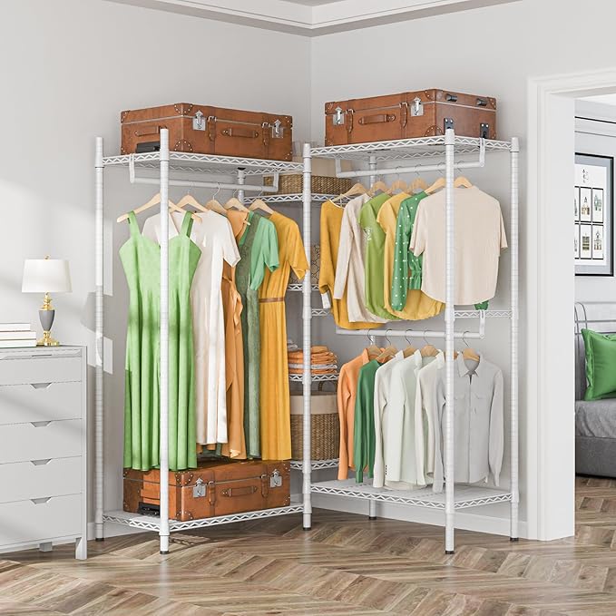 LEHOM G6M Heavy Duty Clothes Rack for Hanging Clothes, Portable Garment Rack Compact Size Closet Organizer, Freestanding Metal Clothing Rack Wardrobe Closet with Storage Shelves for Bedroom, White