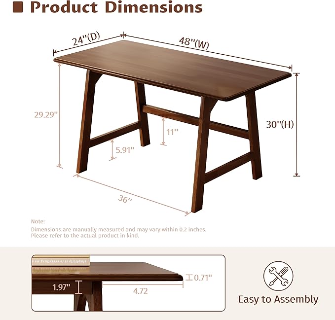 IOTXY Solid Wood Writing Table - 48" W x 24" D Minimalist Computer Desk for Home Office, Work, Study, Creativity, and PC Workstation, Walnut