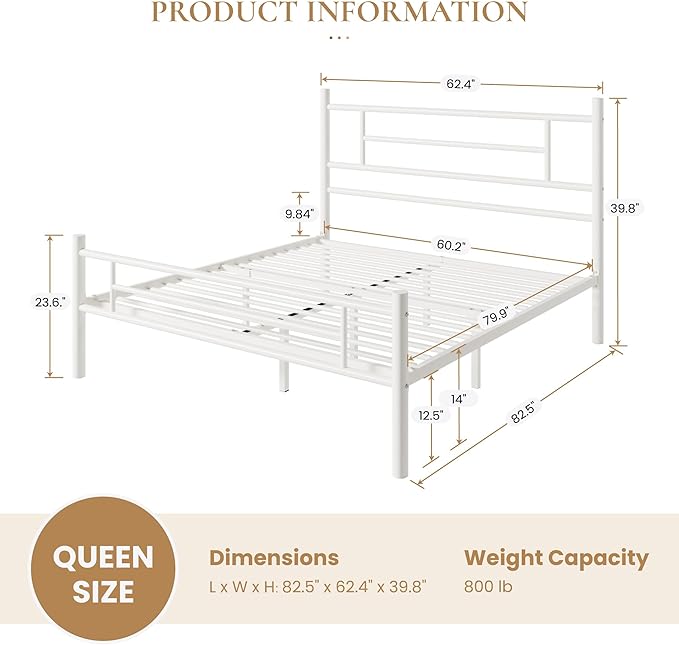 SHA CERLIN 14 Inch Queen Size Metal Bed Frame with Iron-Art Headboard and Footboard,Under Bed Storage Space,Platform Bed with Metal Slats Support,Easy Assembly,Noise Free,No Box Spring Needed,White